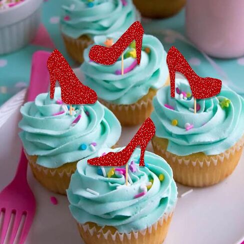 Heel Cupcake Topper for Beautiful High Heel Make Up Theme Party Favors Decorations Women Girls Happy Birthday Party Decor Supplies 18pcs Red Glitter in Saudi Arabia