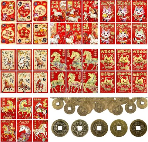 12 قطعة 2026 مظاريف حمراء لطيفة للسنة الصينية الجديدة، مظاريف ثلاثية الأبعاد لسنوات الحصان الحمراء مظروف السنة القمرية الجديدة هونغ باو لمهرجان الربيع، سعادة النجاح في سنوات الحصان in Kuwait