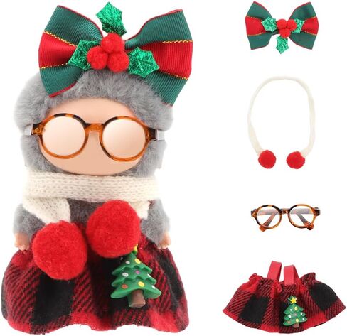 WALLFID Christmas Doll Clothes for Mini Labubu, 4-Piece Handmade Outfit Set with Dress, Bow, Scarf & Glasses, Cute Holiday Dress Up Costume for 10cm Dolls (No Doll) (style2) in Saudi Arabia