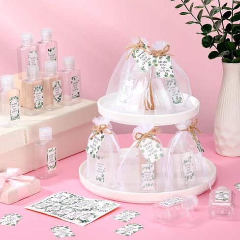 50 مجموعة من زجاجات مطهر اليد الصغيرة المخصصة لحفلات الزفاف للضيوف، زجاجات معقم لليدين فارغة بحجم 2 أونصة مع 50 كيس أورجانزا لحفلات الزفاف (أخضر، أوكالبتوس) in Kuwait