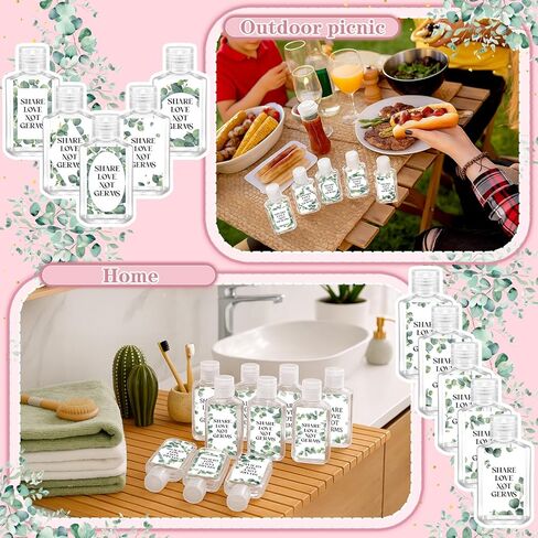 50 مجموعة من زجاجات مطهر اليد الصغيرة المخصصة لحفلات الزفاف للضيوف، زجاجات معقم لليدين فارغة بحجم 2 أونصة مع 50 كيس أورجانزا لحفلات الزفاف (أخضر، أوكالبتوس) in Kuwait