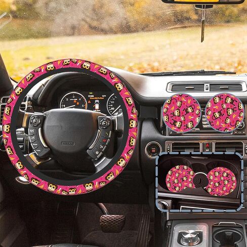 Cute Pink Monkey and Banana Car Steering Wheel Cover for Women Men with 2 Pcs Car Coasters,Universal 15 Inch Steering Wheel Covers Anti-Slip and Practical Auto Accessories Fit Auto,Suvs in Kuwait