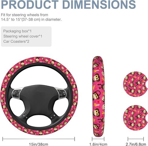 Cute Pink Monkey and Banana Car Steering Wheel Cover for Women Men with 2 Pcs Car Coasters,Universal 15 Inch Steering Wheel Covers Anti-Slip and Practical Auto Accessories Fit Auto,Suvs in Kuwait