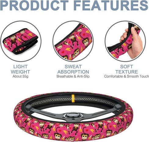 Cute Pink Monkey and Banana Car Steering Wheel Cover for Women Men with 2 Pcs Car Coasters,Universal 15 Inch Steering Wheel Covers Anti-Slip and Practical Auto Accessories Fit Auto,Suvs in Kuwait