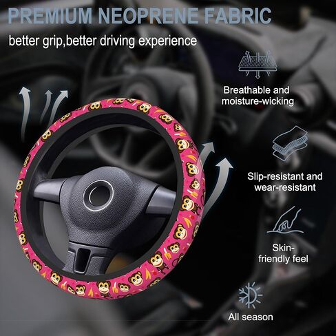 Cute Pink Monkey and Banana Car Steering Wheel Cover for Women Men with 2 Pcs Car Coasters,Universal 15 Inch Steering Wheel Covers Anti-Slip and Practical Auto Accessories Fit Auto,Suvs in Kuwait