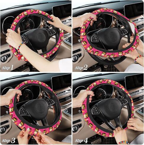 Cute Pink Monkey and Banana Car Steering Wheel Cover for Women Men with 2 Pcs Car Coasters,Universal 15 Inch Steering Wheel Covers Anti-Slip and Practical Auto Accessories Fit Auto,Suvs in Kuwait
