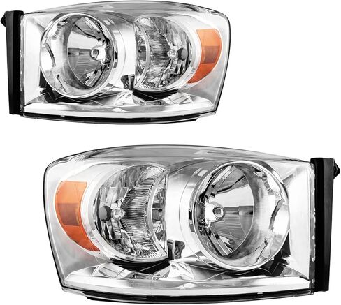 مجموعة المصابيح الأمامية PHILTOP مناسبة لـ 2006 2007 2008 Dodge Ram 1500، 2006-2009 Ram 2500، 2006-2009 Ram 3500، غلاف كروم شفاف عدسة عاكسة كهرمانية، مصابيح أمامية هالوجين (جانب السائق + الراكب) in Kuwait