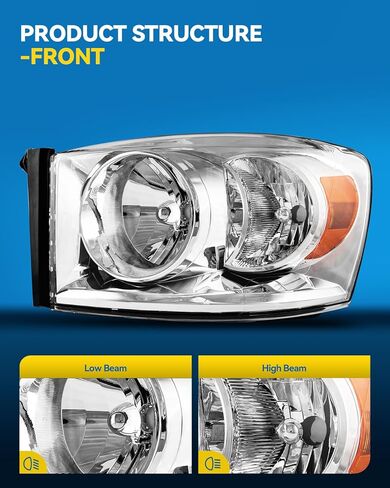 مجموعة المصابيح الأمامية PHILTOP مناسبة لـ 2006 2007 2008 Dodge Ram 1500، 2006-2009 Ram 2500، 2006-2009 Ram 3500، غلاف كروم شفاف عدسة عاكسة كهرمانية، مصابيح أمامية هالوجين (جانب السائق + الراكب) in Kuwait