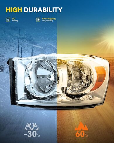 مجموعة المصابيح الأمامية PHILTOP مناسبة لـ 2006 2007 2008 Dodge Ram 1500، 2006-2009 Ram 2500، 2006-2009 Ram 3500، غلاف كروم شفاف عدسة عاكسة كهرمانية، مصابيح أمامية هالوجين (جانب السائق + الراكب) in Kuwait