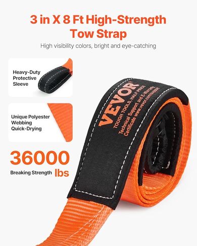 VEVOR Recovery Tow Strap 3 inches, 8 feet 36,000 lbs Break Strength, Triple Reinforced Loop Straps, Tree Saver, Winch Line Extension Strap, Off Road Towing and Recovery, Extreme Weather Resistance in Saudi Arabia