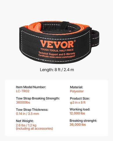 VEVOR Recovery Tow Strap 3 inches, 8 feet 36,000 lbs Break Strength, Triple Reinforced Loop Straps, Tree Saver, Winch Line Extension Strap, Off Road Towing and Recovery, Extreme Weather Resistance in Saudi Arabia