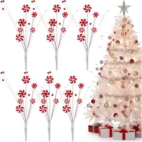 Suncalla 6 Pcs Candy Cane Christmas Tree Picks Red White Artificial Decoration Flower Vase Filler Ornament Christmas Tree Picks for Table Centerpiece DIY Home Wreath Decor in Saudi Arabia
