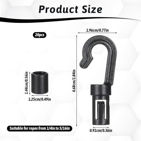 20 Pack Black Bungee Cord Hooks for 3/16 Inch to 1/4 Inch, Shock Cord End Hooks Cargo Net Hooks Shock Absorbing Cord Hooks for Bungee Cord Ends Kayak Replacement Water Sports Camping Accessories in Saudi Arabia