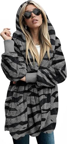 LONGYUAN Women's Fleece Jacket Fuzzy Hooded Casual Coats Cardigan Sweaters with Pokets in Kuwait