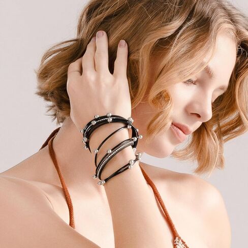 FANCY SHINY Leather Beaded Bracelet Boho Wrap Bracelets Gothic Jewelry Stackable Goth Bracelets with Magnetic Clasp in Kuwait