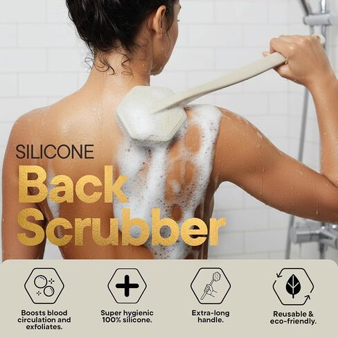 Tooletries - Silicone Back Scrubber - Exfoliating Shower Brush, Back Washer for Men, Durable Back Brush with Long Handle - Long Lasting Bath & Shower Accessories - Charcoal in Kuwait