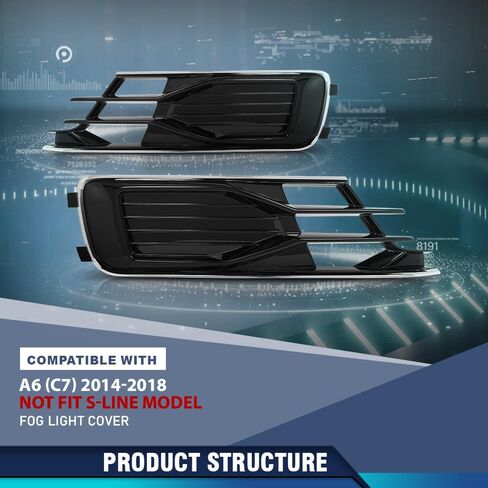 PIT66 2 قطعة غطاء أمامي للضباب متوافق مع Audi A6 (C7) 2014-2018 غير مناسب S-Line موديل 1028143، 4G0807647، 4G0807648، 4G0807648T94، 4G0807681AD، 4G0807682AD فضي وأسود in Saudi Arabia