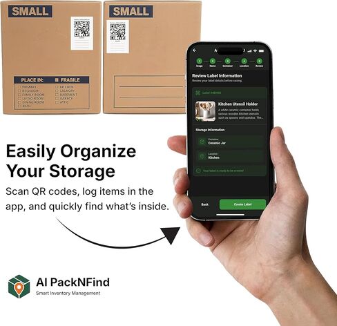 ملصقات رموز الاستجابة السريعة الذكية AI PackNFind للتنقل والتخزين - 48 ملصقًا أبيضًا كبيرًا، 3x5 بوصة - تطبيق مجاني + 1000 مسح ضوئي بالذكاء الاصطناعي - ملصقات صندوقية متينة قابلة للكتابة لصناديق التخزين وتنظيم المنزل والمكتب in Kuwait
