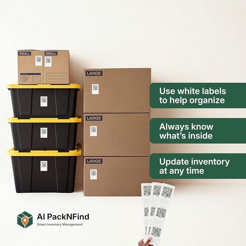 ملصقات رموز الاستجابة السريعة الذكية AI PackNFind للتنقل والتخزين - 48 ملصقًا أبيضًا كبيرًا، 3x5 بوصة - تطبيق مجاني + 1000 مسح ضوئي بالذكاء الاصطناعي - ملصقات صندوقية متينة قابلة للكتابة لصناديق التخزين وتنظيم المنزل والمكتب in Kuwait