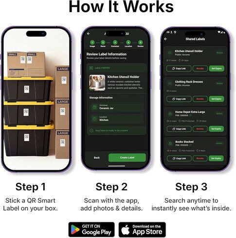 ملصقات رموز الاستجابة السريعة الذكية AI PackNFind للتنقل والتخزين - 48 ملصقًا أبيضًا كبيرًا، 3x5 بوصة - تطبيق مجاني + 1000 مسح ضوئي بالذكاء الاصطناعي - ملصقات صندوقية متينة قابلة للكتابة لصناديق التخزين وتنظيم المنزل والمكتب in Kuwait