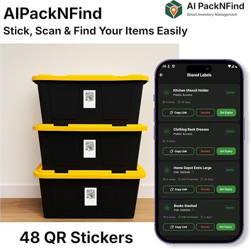 ملصقات رموز الاستجابة السريعة الذكية AI PackNFind للتنقل والتخزين - 48 ملصقًا أبيضًا كبيرًا، 3x5 بوصة - تطبيق مجاني + 1000 مسح ضوئي بالذكاء الاصطناعي - ملصقات صندوقية متينة قابلة للكتابة لصناديق التخزين وتنظيم المنزل والمكتب in Kuwait