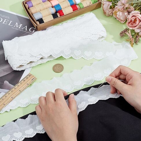 PH PandaHall 16 Yards Eyelet Lace Trim 2" Wide White Lace Ribbon Wavy Edge Cotton Heart Floral Embroidered Ribbon Eyelet Fabric Trim for Sewing Dresses Clothes DIY Home Decoration in Saudi Arabia