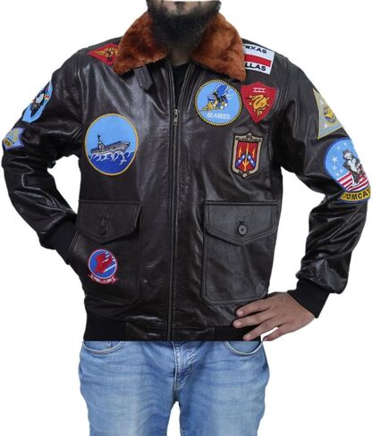 Vintagearc Mens Real Leather Fur Collar Flight Jacket Tom Air Force Aviator Pilot Flying G1 Bomber USAAF Maverick Jacket in Saudi Arabia
