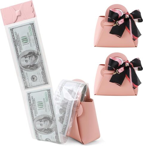 2PCS Money Pull Box for Cash, Leather Surprise Money Boxes with Ribbon Mini Money Pull Bags with 30 Pcs Transparent Bags for Birthday Party Christmas (Pink) in Saudi Arabia