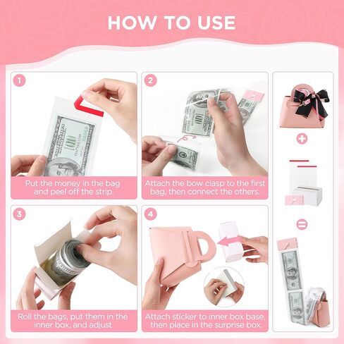 2PCS Money Pull Box for Cash, Leather Surprise Money Boxes with Ribbon Mini Money Pull Bags with 30 Pcs Transparent Bags for Birthday Party Christmas (Pink) in Saudi Arabia