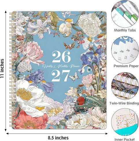 Planner 2026-2027 - Academic Planner, July 2026 - June 2027, 2026-2027 Planners Weekly and Monthly, 8.5" x 11", Colorful Monthly Tabs, Storage Pocket, Spiral Bound for School Office Home - Floral in Saudi Arabia