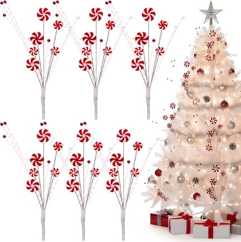 Suncalla 6 Pcs Candy Cane Christmas Tree Picks Red White Artificial Decoration Flower Vase Filler Ornament Christmas Tree Picks for Table Centerpiece DIY Home Wreath Decor in Saudi Arabia