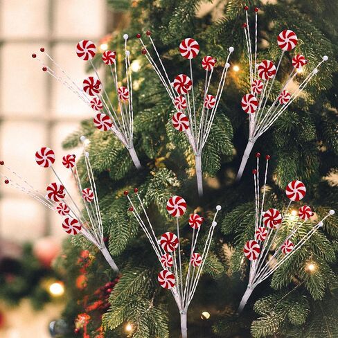 Suncalla 6 Pcs Candy Cane Christmas Tree Picks Red White Artificial Decoration Flower Vase Filler Ornament Christmas Tree Picks for Table Centerpiece DIY Home Wreath Decor in Saudi Arabia
