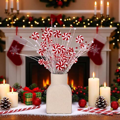 Suncalla 6 Pcs Candy Cane Christmas Tree Picks Red White Artificial Decoration Flower Vase Filler Ornament Christmas Tree Picks for Table Centerpiece DIY Home Wreath Decor in Saudi Arabia