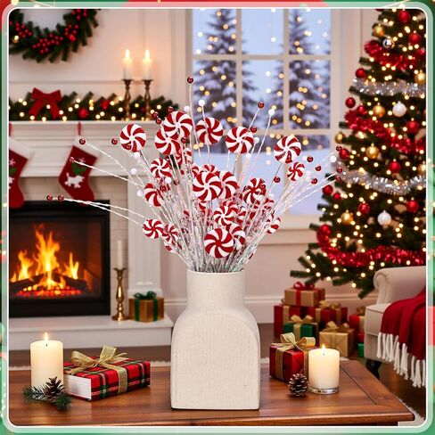 Suncalla 6 Pcs Candy Cane Christmas Tree Picks Red White Artificial Decoration Flower Vase Filler Ornament Christmas Tree Picks for Table Centerpiece DIY Home Wreath Decor in Saudi Arabia