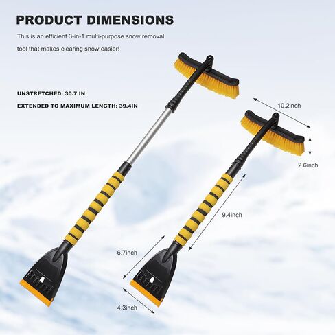 39" Snow Brush & Ice Scraper for Car Windshield, 2-in-1 Detachable Ice Scraper with 360° Pivoting Brush Head, Extendable Snow Removal Tool Winter Accessories for Cars Trucks SUVs (Yellow) in Saudi Arabia