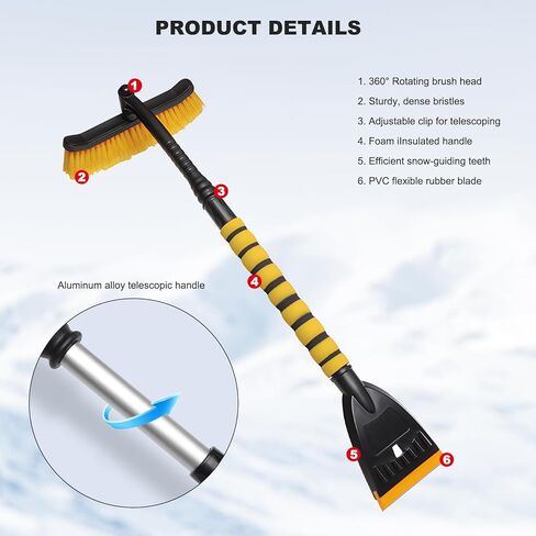 39" Snow Brush & Ice Scraper for Car Windshield, 2-in-1 Detachable Ice Scraper with 360° Pivoting Brush Head, Extendable Snow Removal Tool Winter Accessories for Cars Trucks SUVs (Yellow) in Saudi Arabia