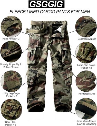 Men's Fleece Lined Hiking Pants, Winter Camo Cargo Pants Army Casual Work Ski Pants for Men with 8 Pockets No Belt in Kuwait