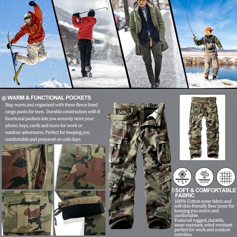 Men's Fleece Lined Hiking Pants, Winter Camo Cargo Pants Army Casual Work Ski Pants for Men with 8 Pockets No Belt in Kuwait