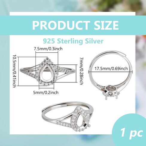BENECREAT 925 Sterling Silver Teardrop Prong Ring Settings, Platinum Rhinestone Finger Ring Components, Adjustable Ring Bezel for Jewelry Making, Tray: 7x5mm in Saudi Arabia