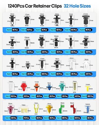 1240Pcs Car Retainer Clips & Body Clips Kit-32 Popular Sizes Nylon Bumper, Fender Rivets, Door Panel Clips, Plastic Rivets with 10 Cable Ties & Remover Tool for Toyota GM Ford Honda Chrysler in Saudi Arabia
