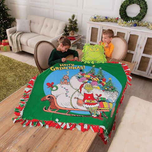 Fun Express Dr. Seuss The Grinch Christmas Fleece Tied Pillow Craft Kit - Makes 6 No-Sew Plush Pillows | Holiday Decorations & Gifts for Kids, Classrooms & Parties | 16.5" Green Fabric Design in Saudi Arabia