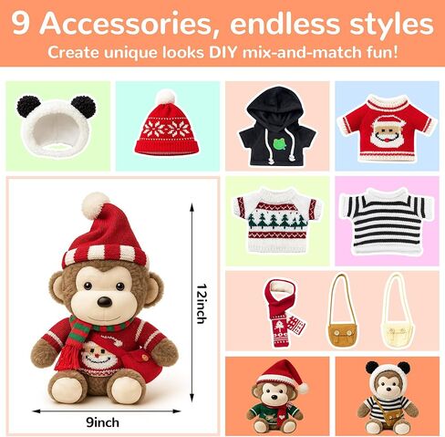 Monkey Stuffed Animal with 9 Clothes & Accessories, 12 in Christmas for Grandkids, Birthday Favors Classroom Prize, Cute Stuffed Monkeys Plush, Dress-Up Monkey Toy for Kids in Saudi Arabia