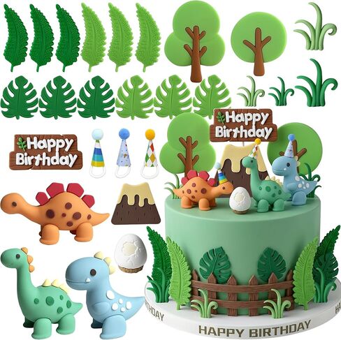 27 PCS Dinosaur Cake Topper, Birthday Decorations Set with Dinosaur Eggs, Jungle Leaves - Reusable Dinosaur Cake Decorations for Kids, Dino Theme Party Supplies for Boys Girls Toddler in Saudi Arabia