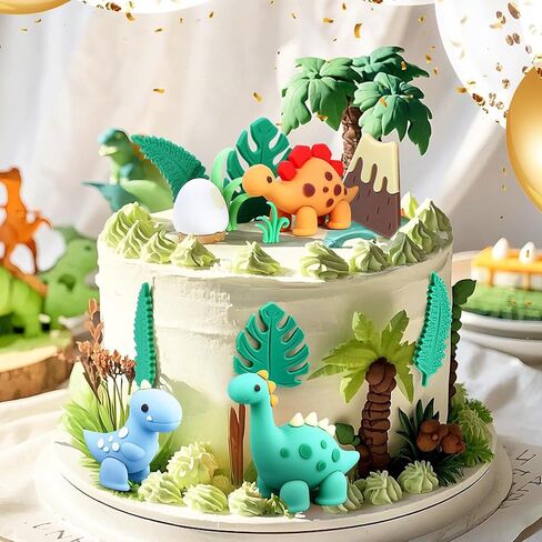 27 PCS Dinosaur Cake Topper, Birthday Decorations Set with Dinosaur Eggs, Jungle Leaves - Reusable Dinosaur Cake Decorations for Kids, Dino Theme Party Supplies for Boys Girls Toddler in Saudi Arabia