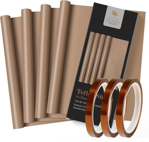 Oranllow 4 عبوات من أوراق تفلون PTFE للضغط الحراري، 16 × 12 ورقة نقل غير لاصقة، ضغط حراري مع 3 لفات شريط نقل مجموعة لمقاومة الحرارة (16 × 12 بوصة ورقة تفلون 4P وشريط حراري 10 مم) in Saudi Arabia