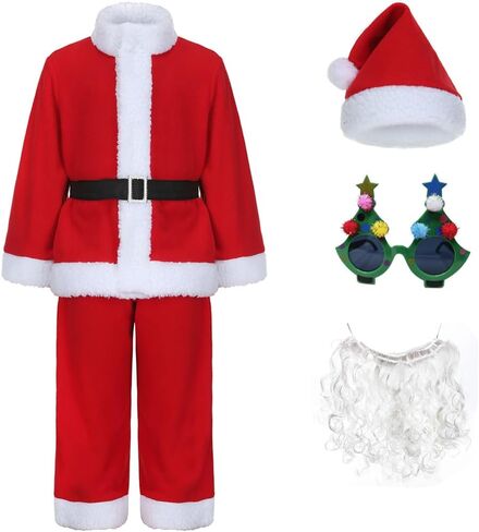 Kids Christmas Santa Costume Suit Deluxe Plush Santa Claus Outfit for Boys Girls Xmas Dress up With Beard Glasses in Saudi Arabia
