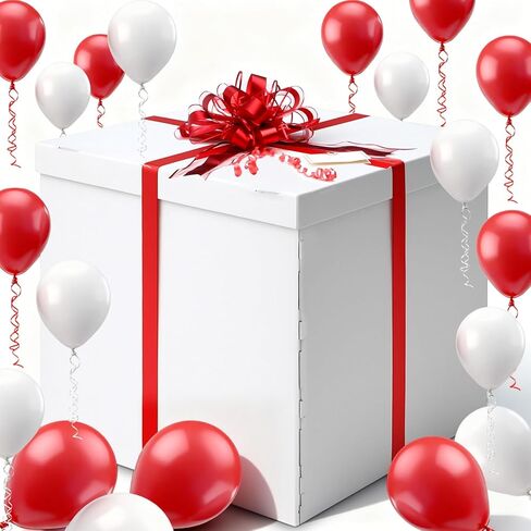 Kolldenn Christmas Extra Large Gift Box 28x28x28 Giant, Jumbo, White Gift Boxes with Lid, Red and White Ribbon, Greeting Card and 100 Balloons for Large Big Presents for Christmas, Birthday Surprise in Saudi Arabia