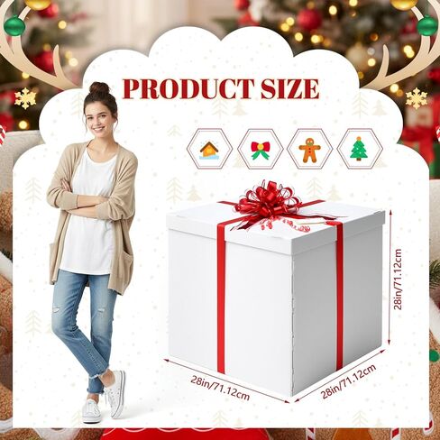 Kolldenn Christmas Extra Large Gift Box 28x28x28 Giant, Jumbo, White Gift Boxes with Lid, Red and White Ribbon, Greeting Card and 100 Balloons for Large Big Presents for Christmas, Birthday Surprise in Saudi Arabia