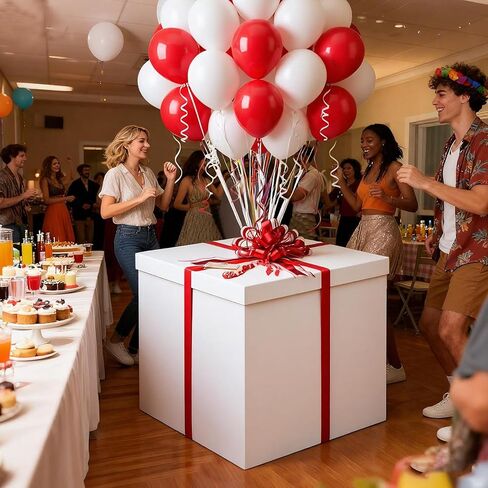 Kolldenn Christmas Extra Large Gift Box 28x28x28 Giant, Jumbo, White Gift Boxes with Lid, Red and White Ribbon, Greeting Card and 100 Balloons for Large Big Presents for Christmas, Birthday Surprise in Saudi Arabia