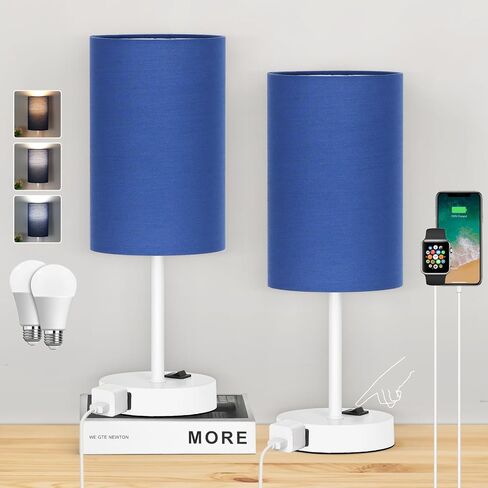 ZJOJO Table Lamp for Bedroom Set of 2, Bedside Small Lamps with 3 Way Dimmable Rocker Switch & AC Outlet, Nightstand Desk Lamp with Flaxen Fabric Shade Woodgrain Base for Living Room Home Decor Lights in Saudi Arabia